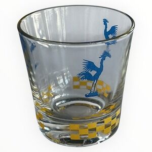 Vintage Rooster Drinking Glass Blue Farm Rooster Yellow Checkerboard Tumbler